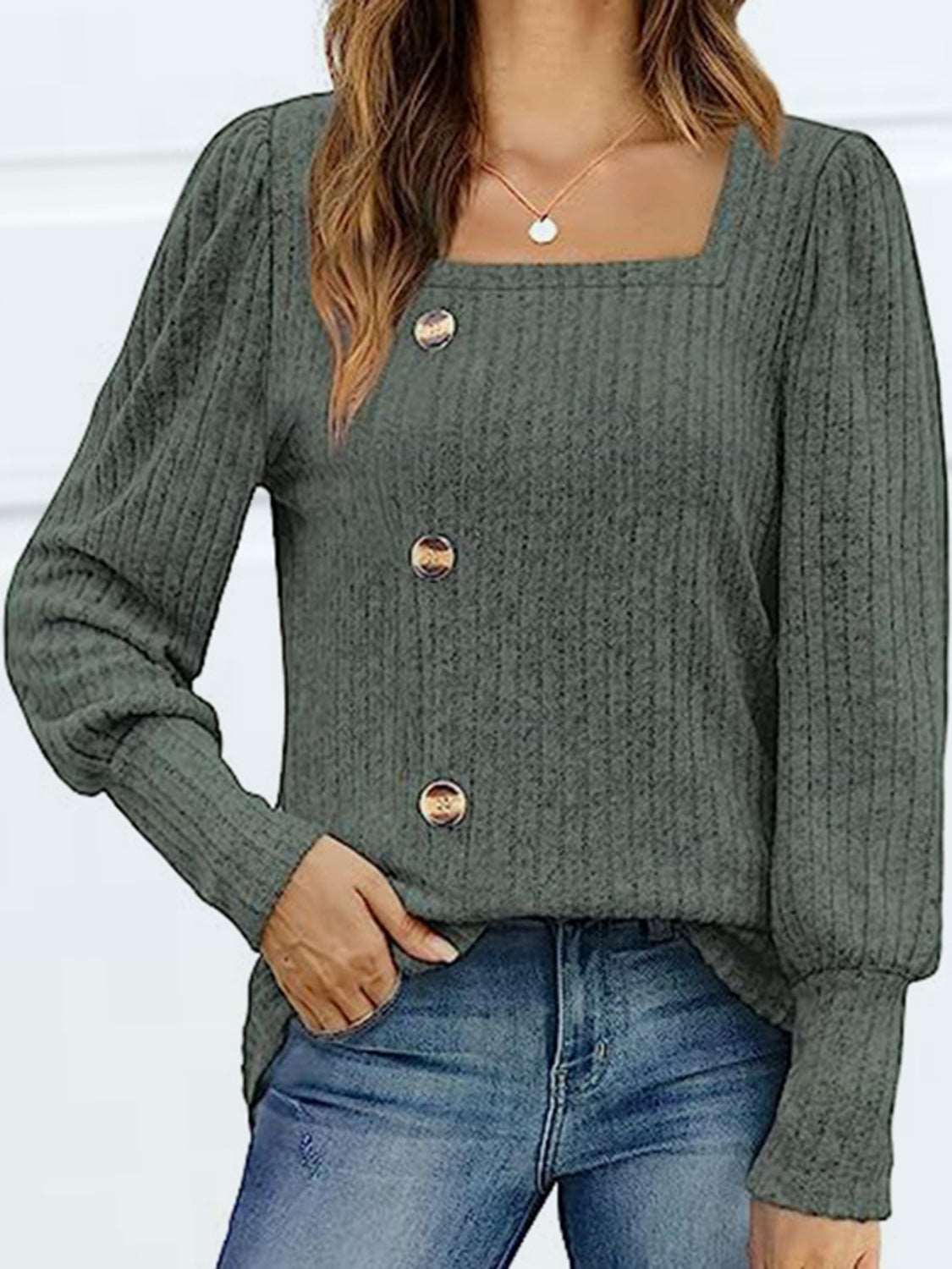Decorative Button Square Neck Top (5 Colors) Krazy Heart Designs Boutique Sage S