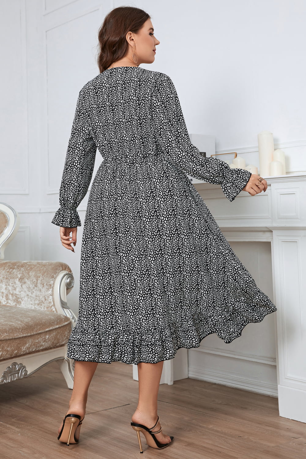 Honey Melo Apparel Plus Size Printed V-Neck Flounce Sleeve Midi Dress Dress Krazy Heart Designs Boutique