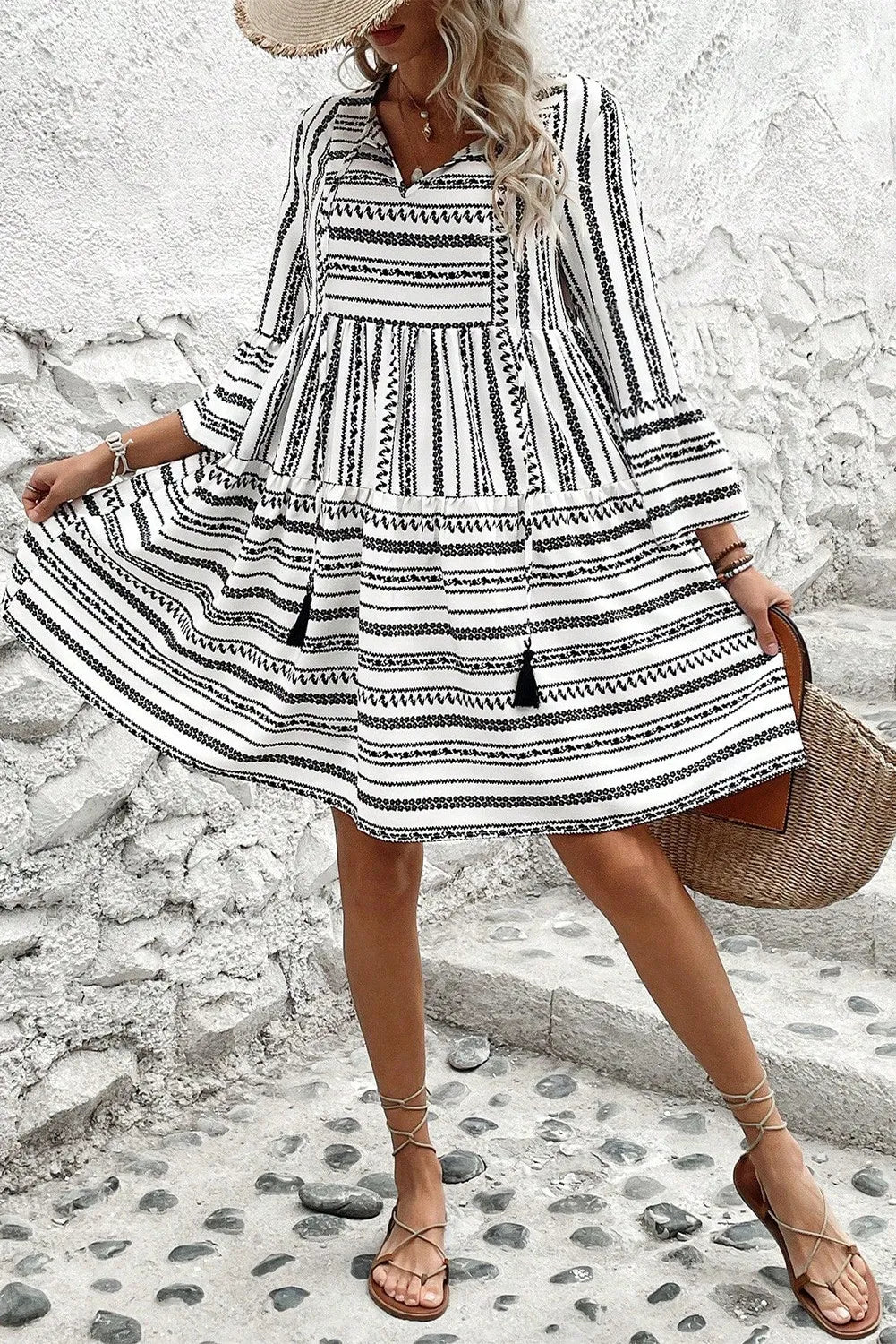 Printed Tie Neck Three-Quarter Sleeve Mini Dress Dress Krazy Heart Designs Boutique