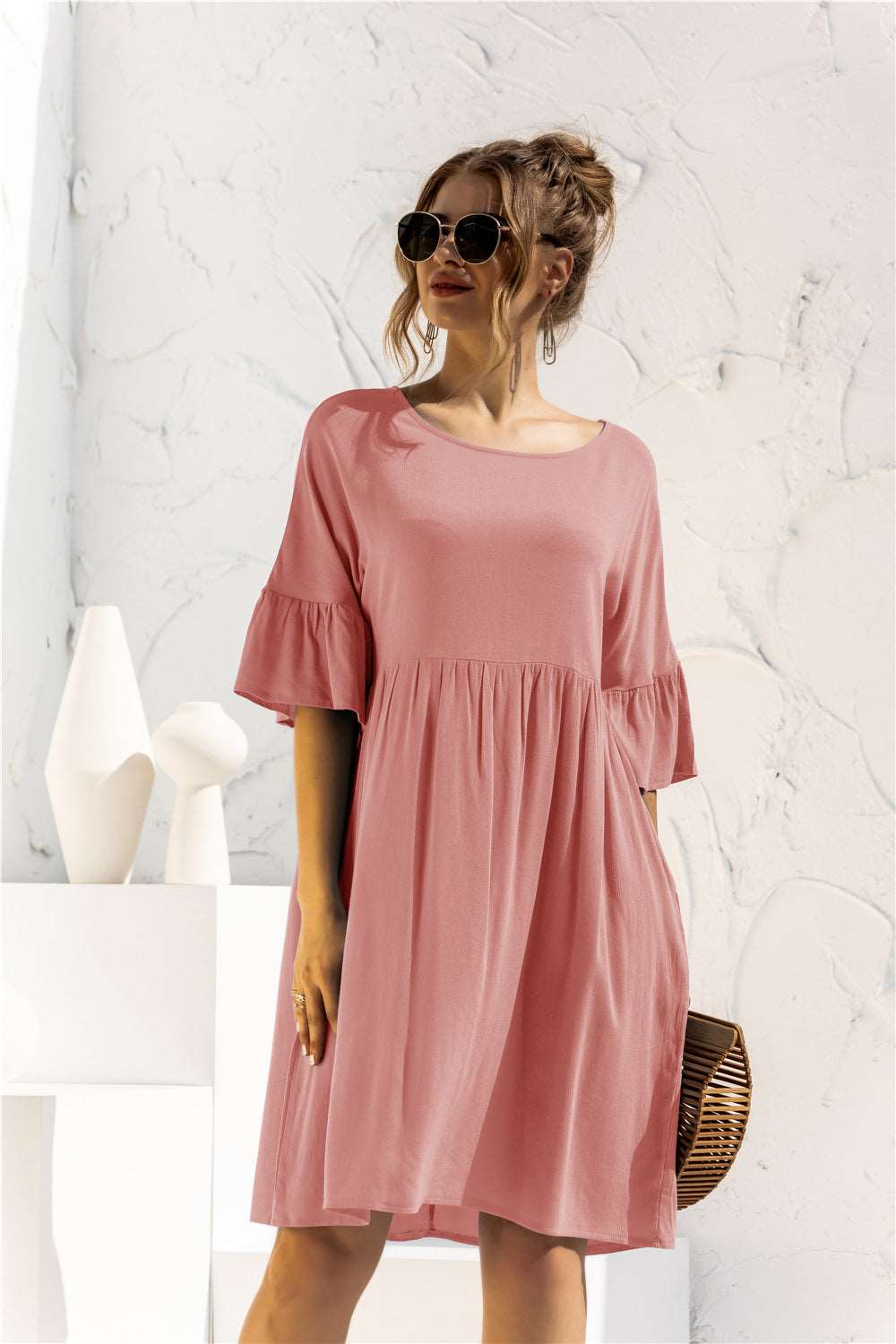 Boat Neck Flounce Sleeve Knee-Length Dress (2 Colors) Krazy Heart Designs Boutique