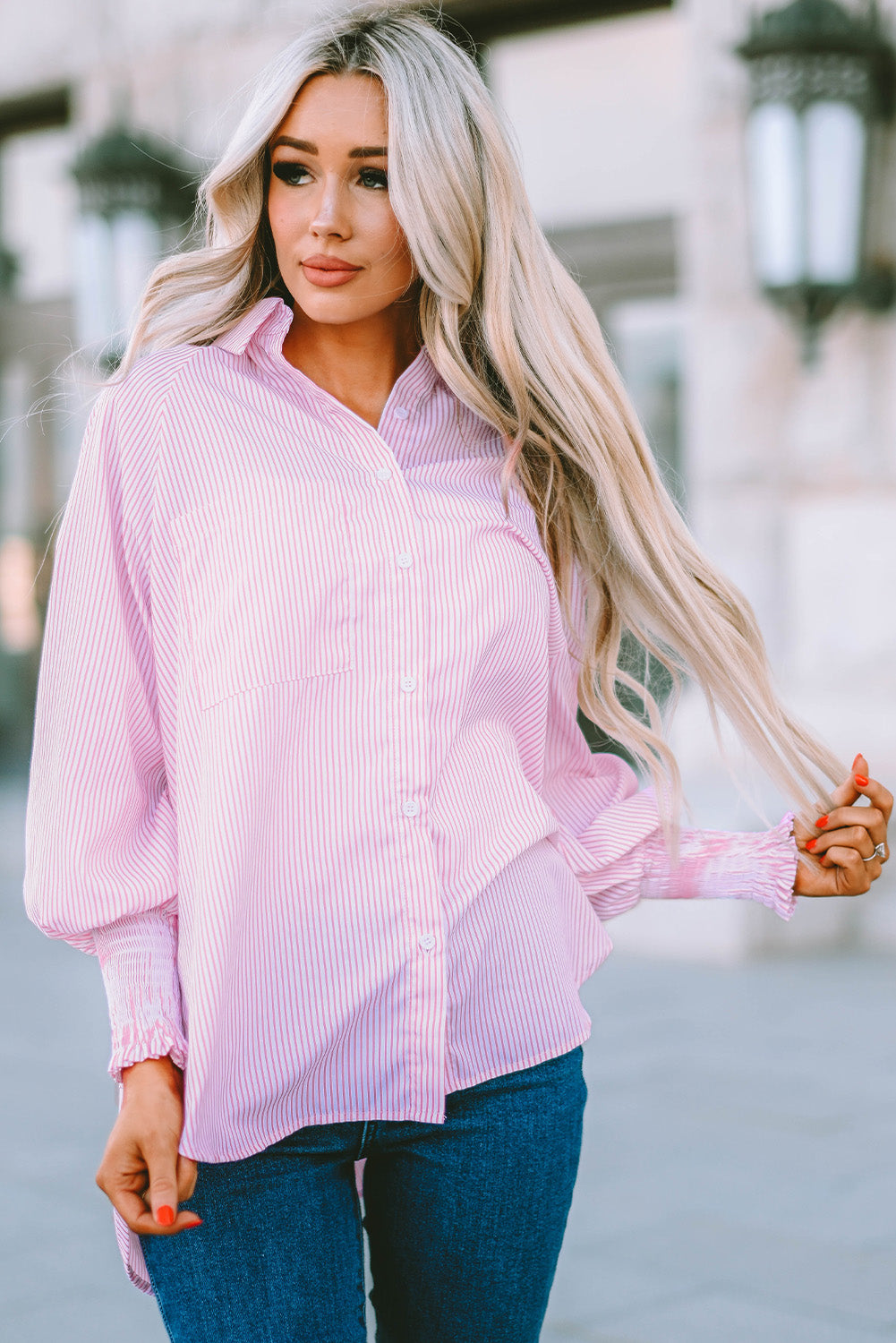 Striped Lantern Sleeve Collared Shirt (3 Colors) Krazy Heart Designs Boutique