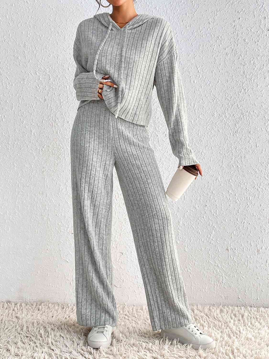 Drawstring Ribbed Hoodie and Straight Leg Pants Set Outfit Sets Krazy Heart Designs Boutique