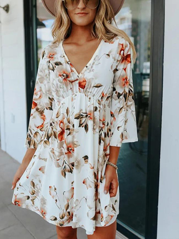 Floral V-Neck Three-Quarter Sleeve Dress Krazy Heart Designs Boutique White S