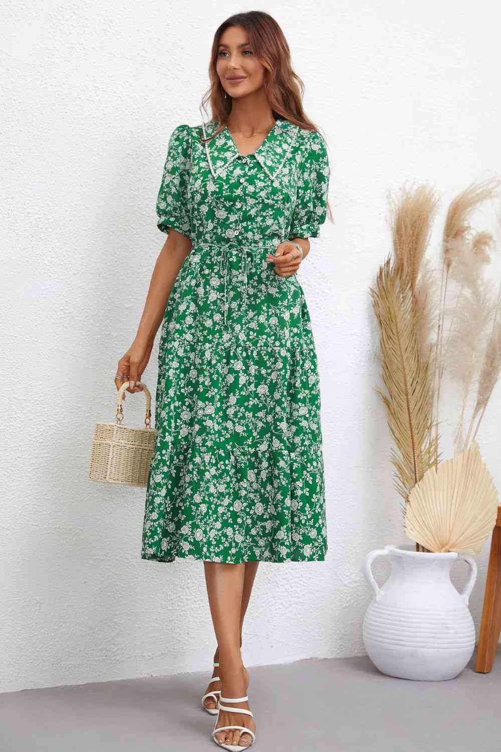 Floral Tie Waist Puff Sleeve Midi Dress (2 Colors) Krazy Heart Designs Boutique