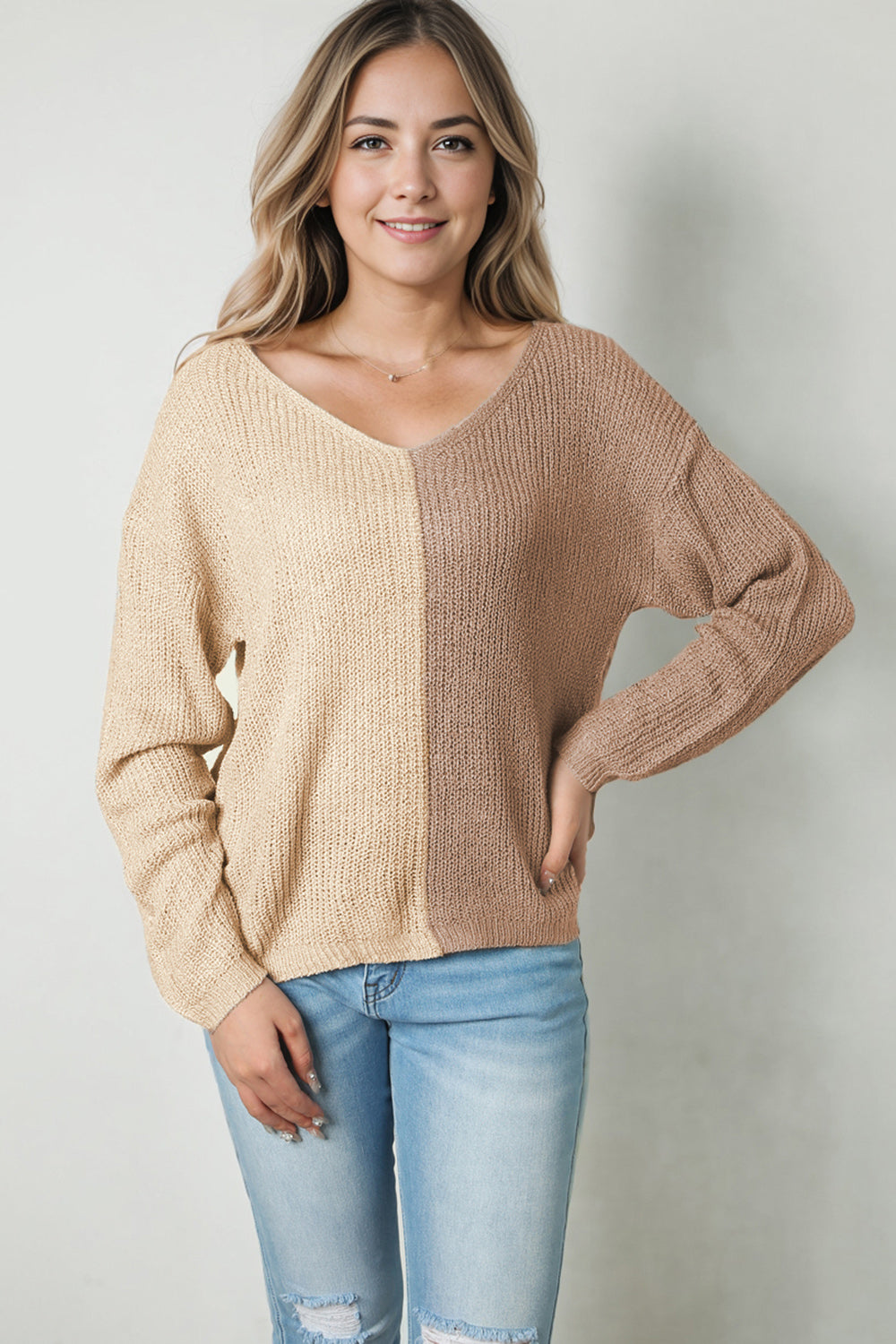KHD Contrast Color V-Neck Long Sleeve Pullover Sweater (3 Colors) Krazy Heart Designs Boutique