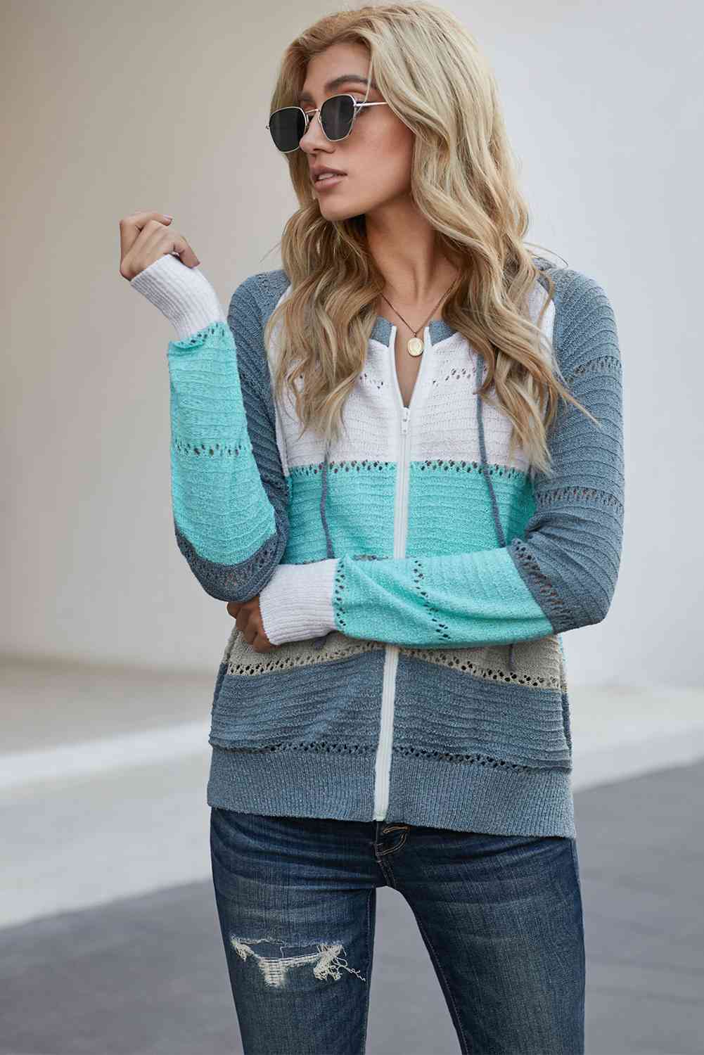 Zip-Up Raglan Sleeve Openwork Hooded Cardigan (7 Colors) Krazy Heart Designs Boutique
