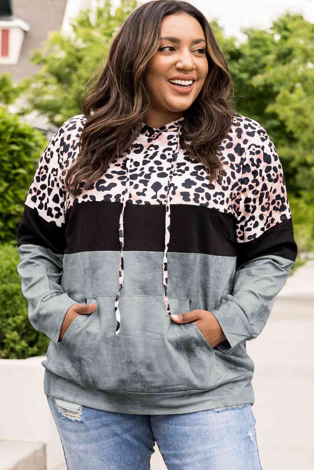 Plus Size Leopard Print Color Block Hoodie with Kangaroo Pocket (3 Colors) Shirts & Tops Krazy Heart Designs Boutique Gray 1XL