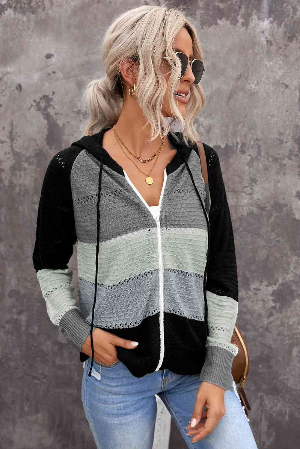 Zip-Up Raglan Sleeve Openwork Hooded Cardigan (7 Colors) Krazy Heart Designs Boutique Black/Gray S