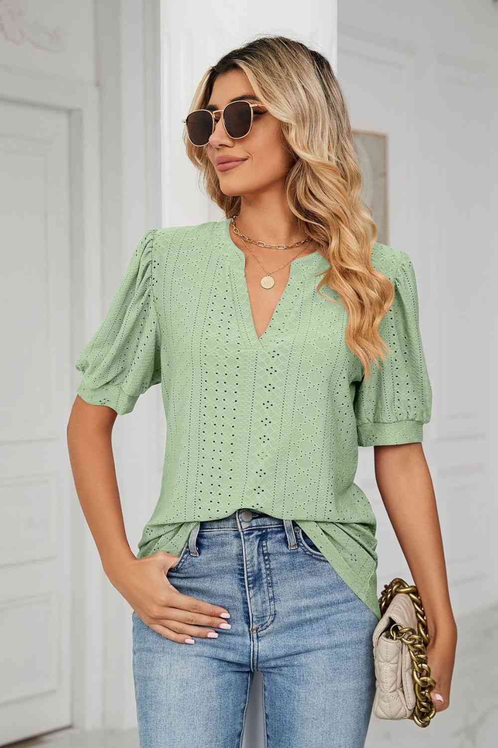 Eyelet Short Puff Sleeve Notched Neck Top (12 Colors) Krazy Heart Designs Boutique Green S