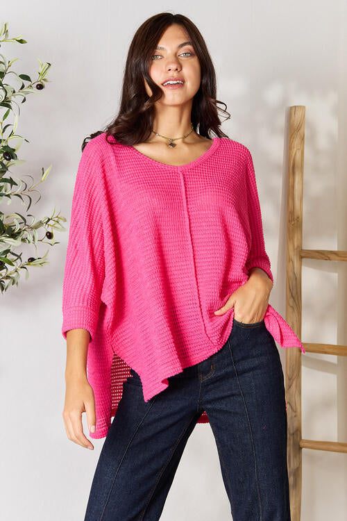 Zenana Full Size Round Neck High-Low Slit Knit Top Shirts & Tops Krazy Heart Designs Boutique Fuchsia S/M