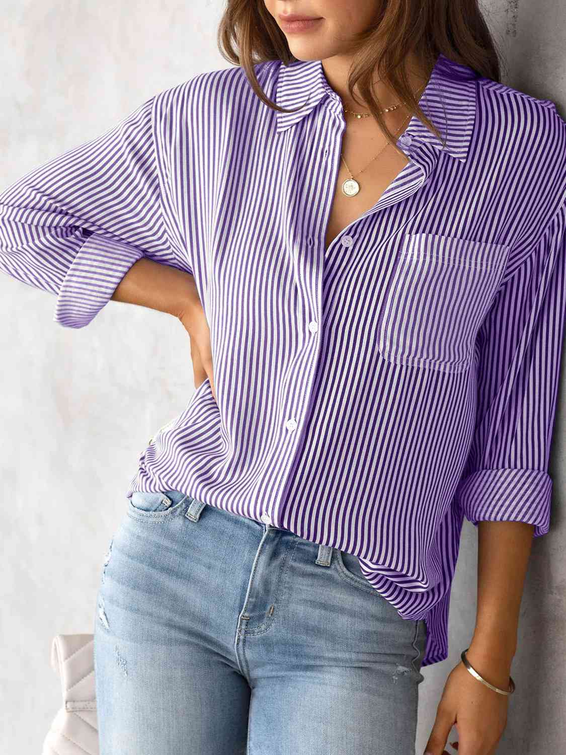 Striped Collared Neck Shirt with Pocket (5 Colors) Krazy Heart Designs Boutique