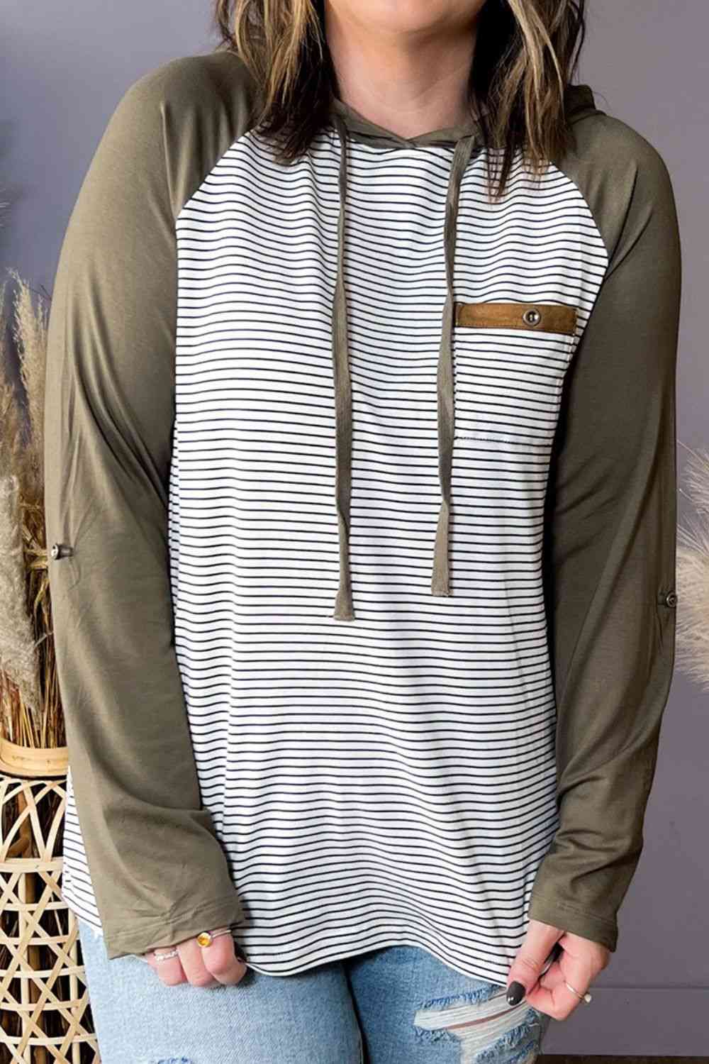 Plus Size Striped Drawstring Long Sleeve Hoodie Shirts & Tops Krazy Heart Designs Boutique Moss 1XL