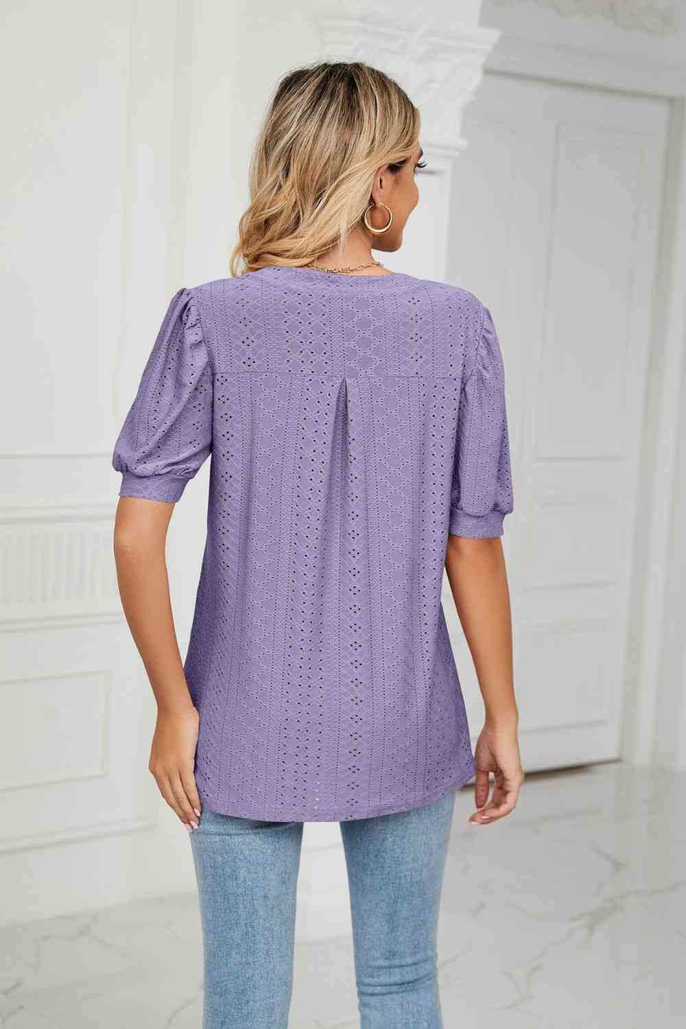 Eyelet Short Puff Sleeve Notched Neck Top (12 Colors) Krazy Heart Designs Boutique