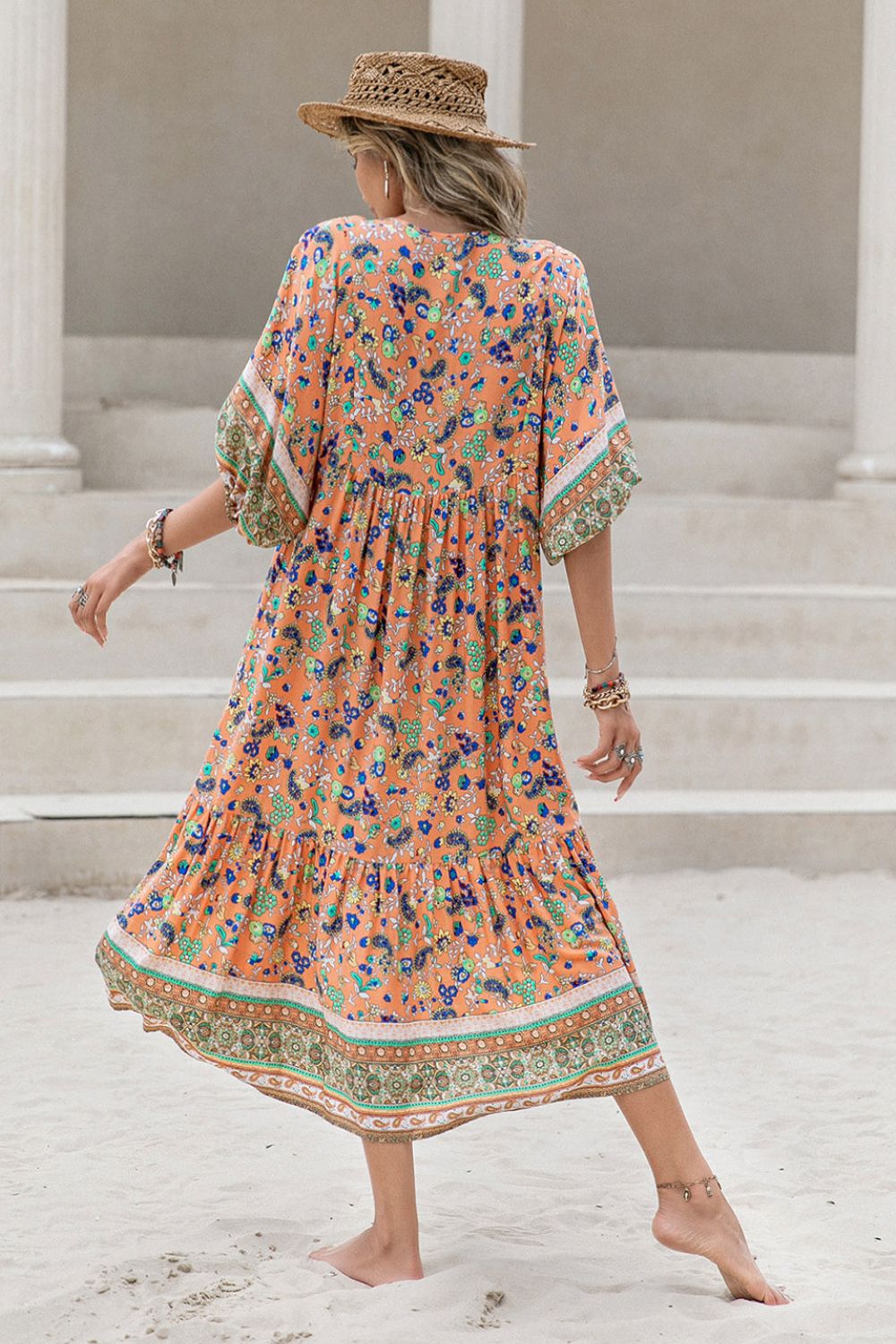 Bohemian Floral Printed V-Neck Short Sleeve Maxi Dress Krazy Heart Designs Boutique Coral S