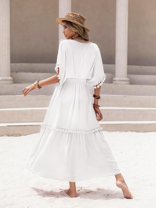 Tassel Trim Smocked V-Neck Short Sleeve Dress (7 Colors) Dress Krazy Heart Designs Boutique