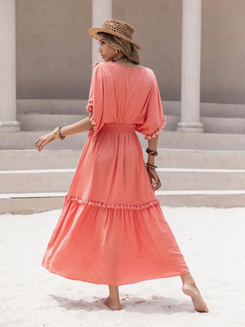 Tassel Trim Smocked V-Neck Short Sleeve Dress (7 Colors) Dress Krazy Heart Designs Boutique