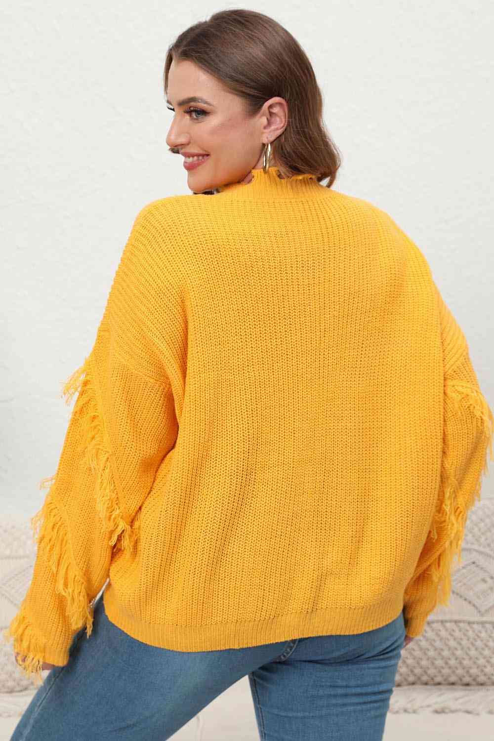 Plus Size Fringe V-Neck Long Sleeve Sweater Shirts & Tops Krazy Heart Designs Boutique