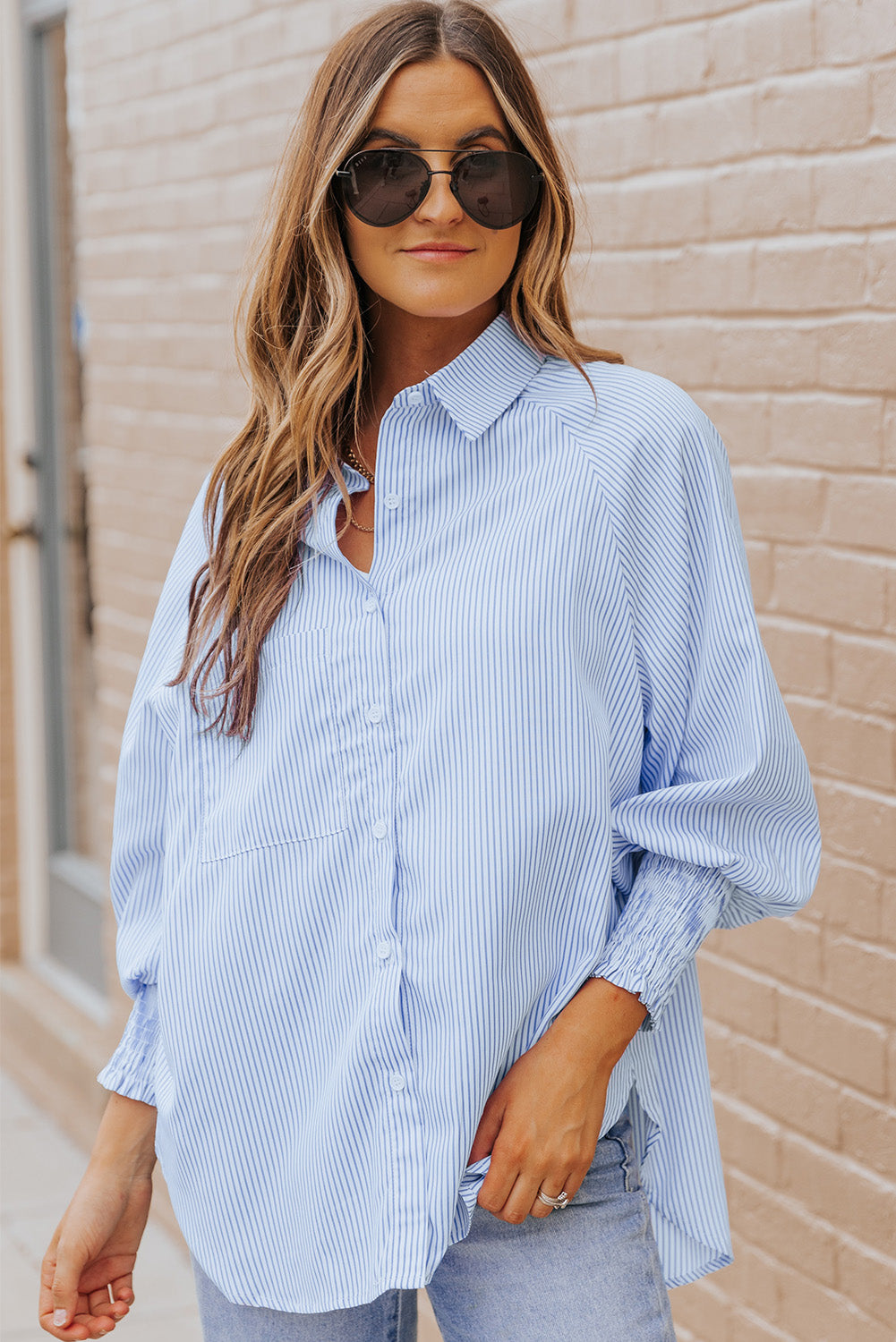 Striped Lantern Sleeve Collared Shirt (3 Colors) Krazy Heart Designs Boutique Pastel Blue S