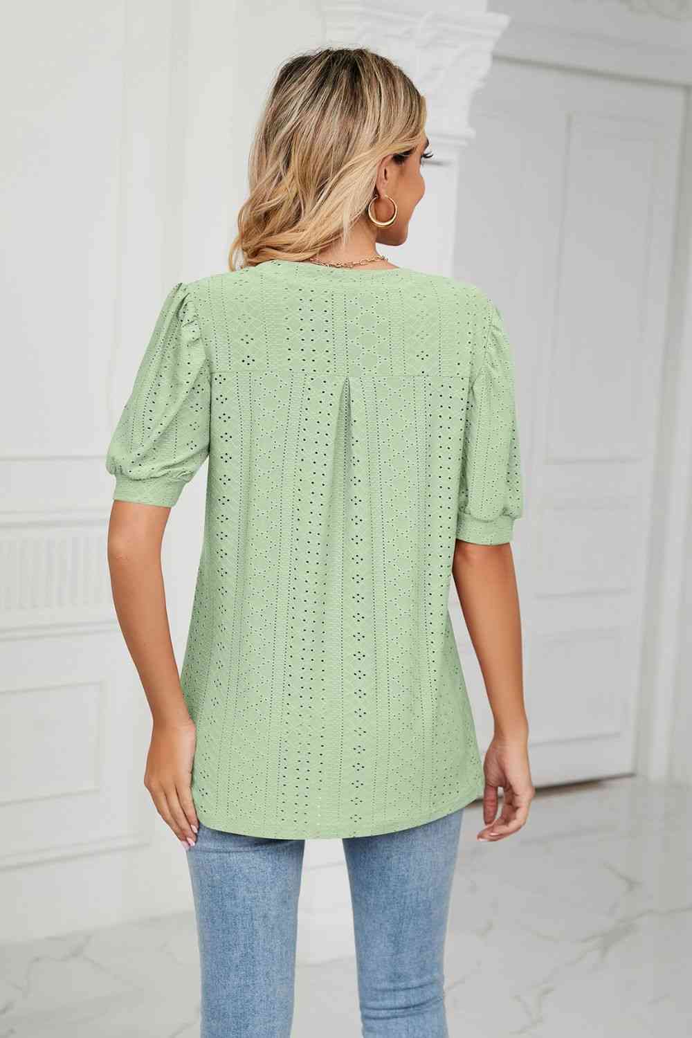 Eyelet Short Puff Sleeve Notched Neck Top (12 Colors) Krazy Heart Designs Boutique