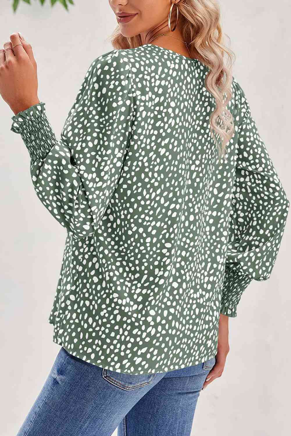 Printed V-Neck Smocked Lantern Sleeve Blouse Shirts & Tops Krazy Heart Designs Boutique