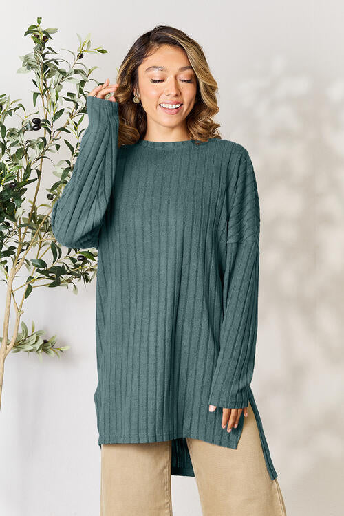 Basic Bae Full Size Ribbed Round Neck Long Sleeve Slit Top (4 Colors) Shirts & Tops Krazy Heart Designs Boutique
