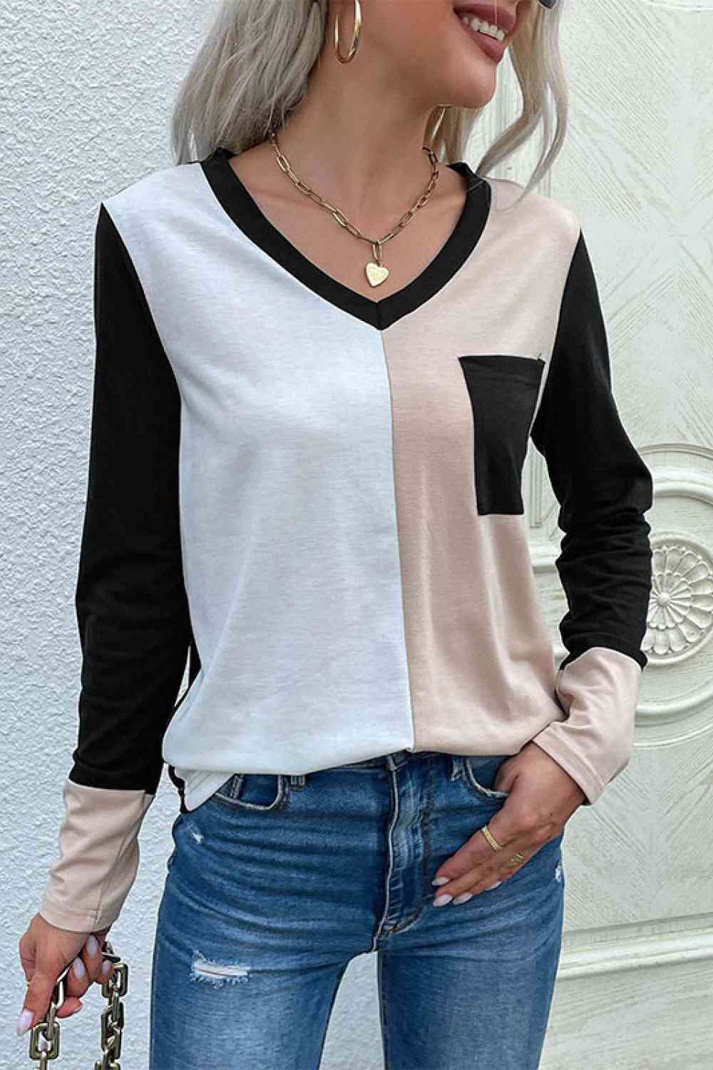 Spliced Long Sleeve Tee with Pocket Krazy Heart Designs Boutique
