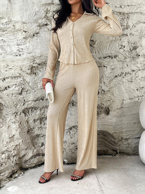 Textured Button Up Shirt and Pants Set Krazy Heart Designs Boutique