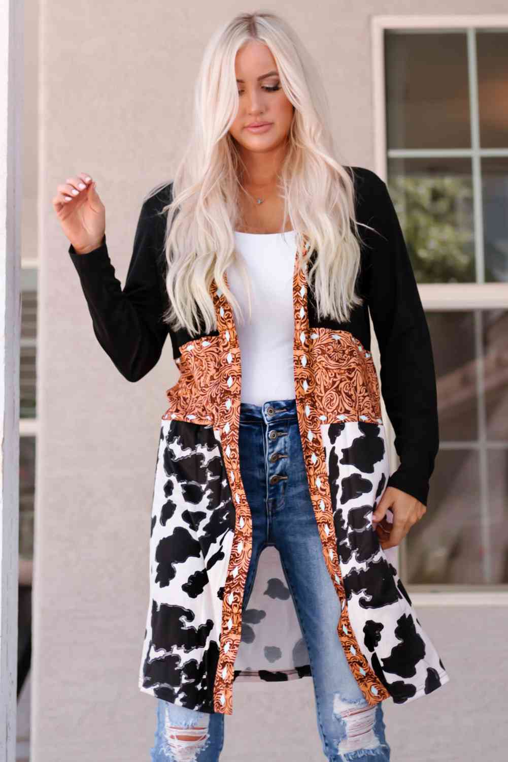 Color Block & Animal Print Open Front Cardigan Krazy Heart Designs Boutique Black S