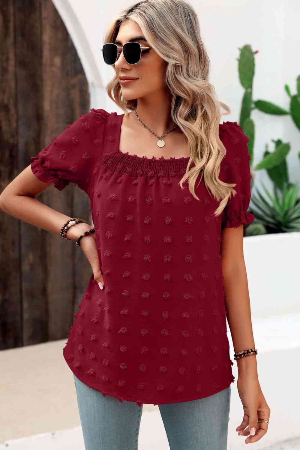 Swiss Dot Puff Sleeve Square Neck Blouse (6 Colors) Krazy Heart Designs Boutique