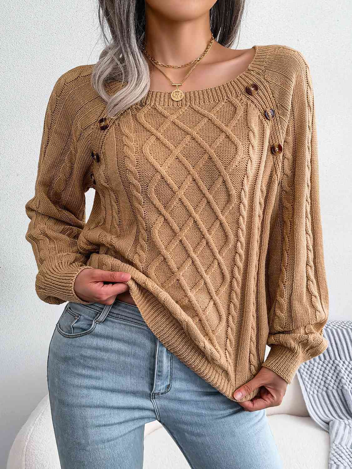 Decorative Button Cable-Knit Sweater (5 Colors) Shirts & Tops Krazy Heart Designs Boutique Khaki S