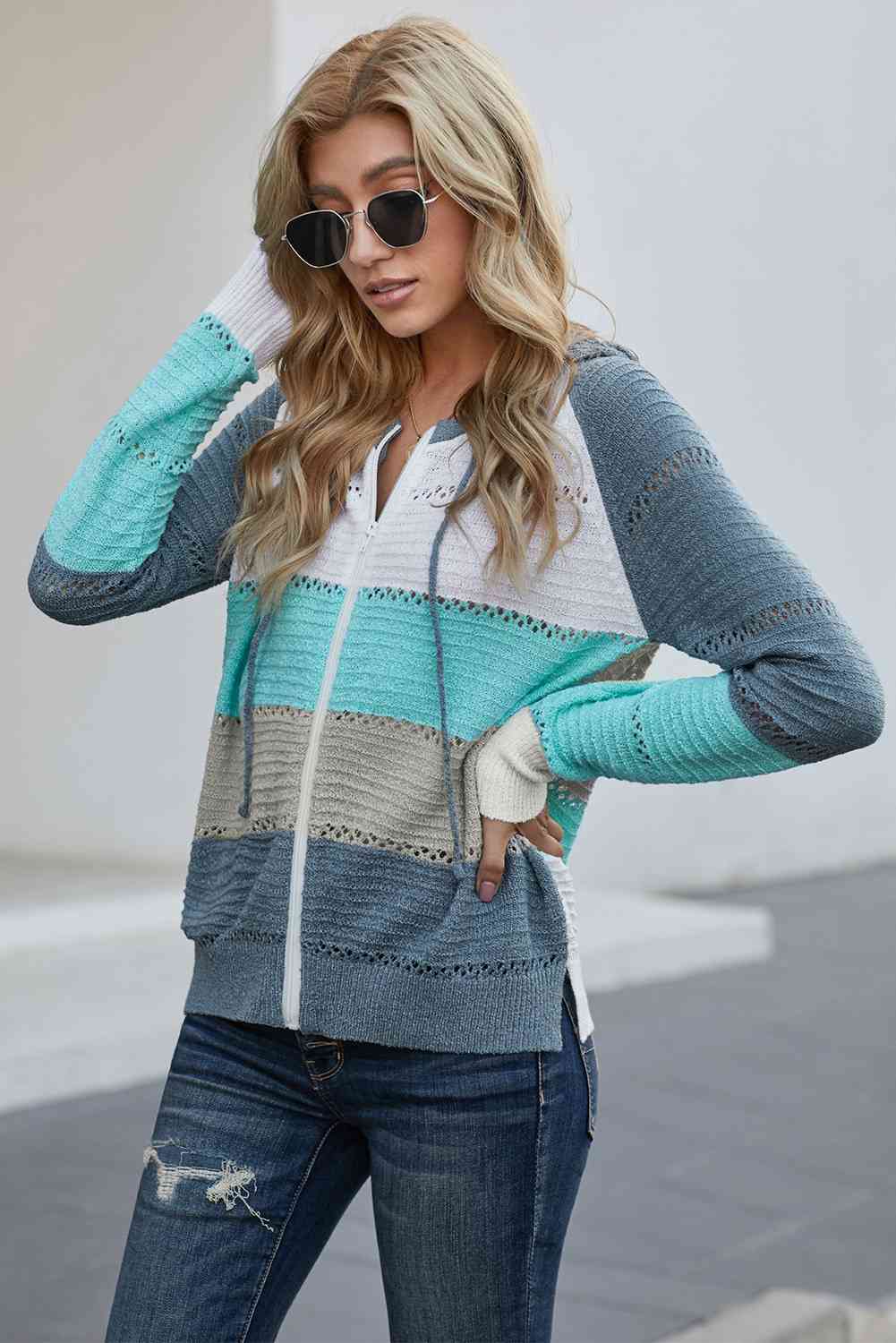 Zip-Up Raglan Sleeve Openwork Hooded Cardigan (7 Colors) Krazy Heart Designs Boutique