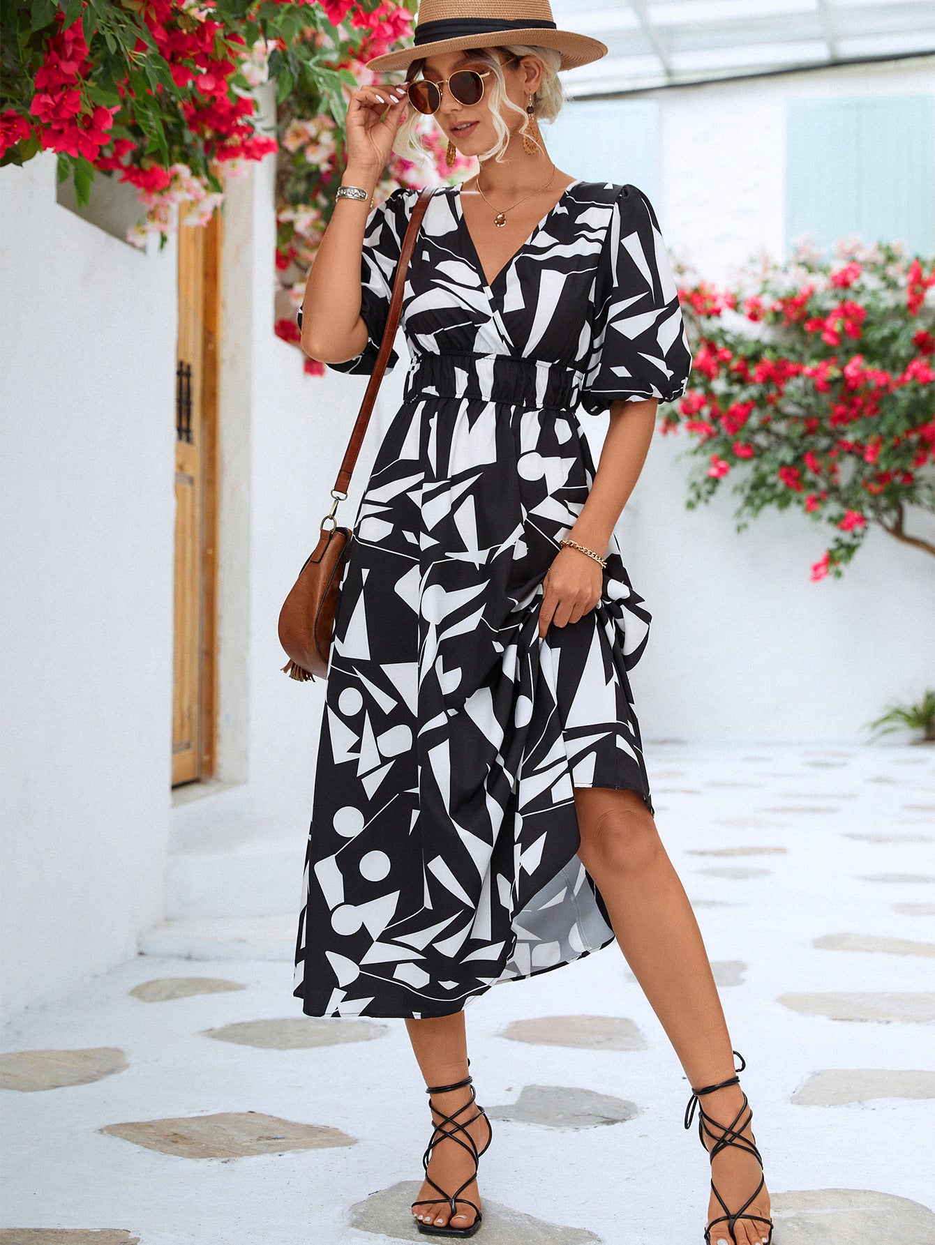 Geo Printed Surplice Balloon Sleeve Dress (3 Colors) Krazy Heart Designs Boutique Black S