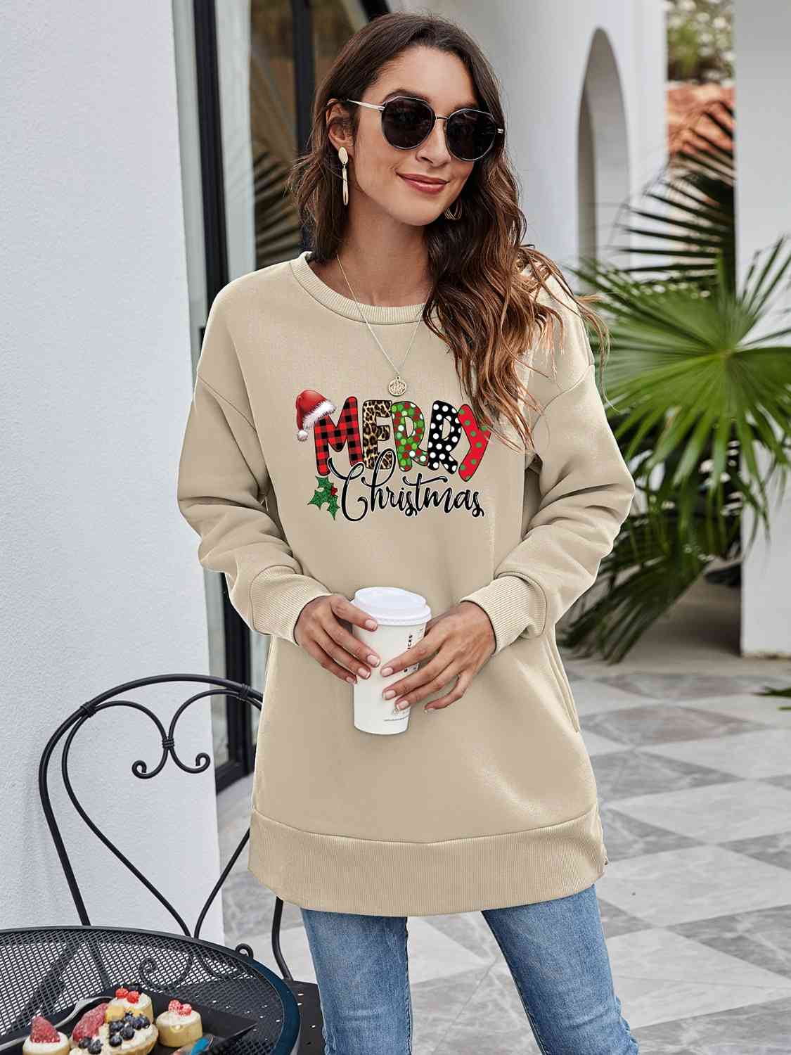 MERRY CHRISTMAS Graphic Sweatshirt (6 Colors) Krazy Heart Designs Boutique Beige S