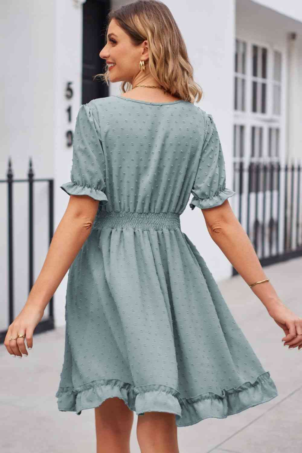 Swiss Dot Frill Trim Flounce Sleeve V-Neck Dress (5 Colors) Krazy Heart Designs Boutique