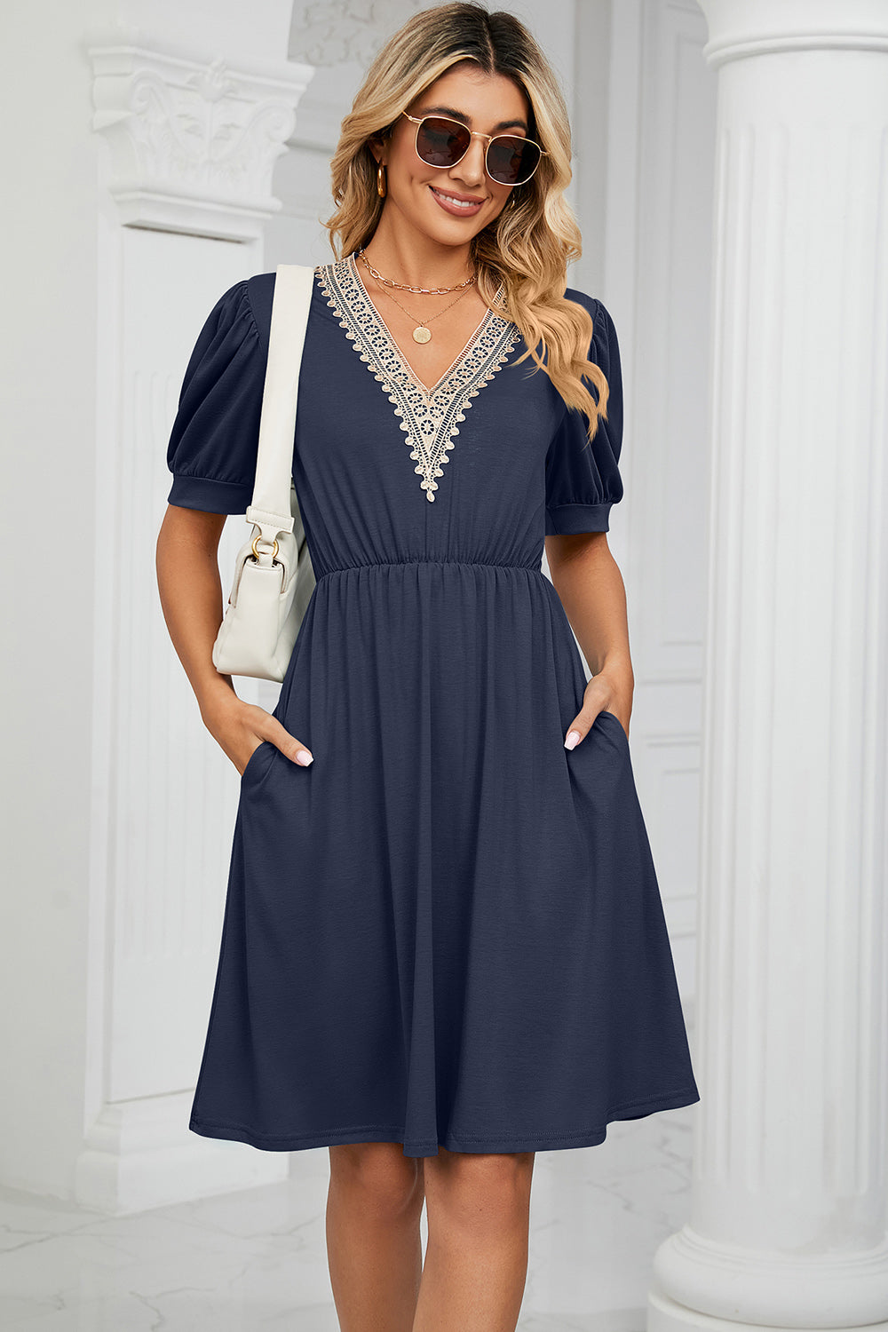 V-Neck Puff Sleeve Dress (8 Colors) Dress Krazy Heart Designs Boutique Navy S