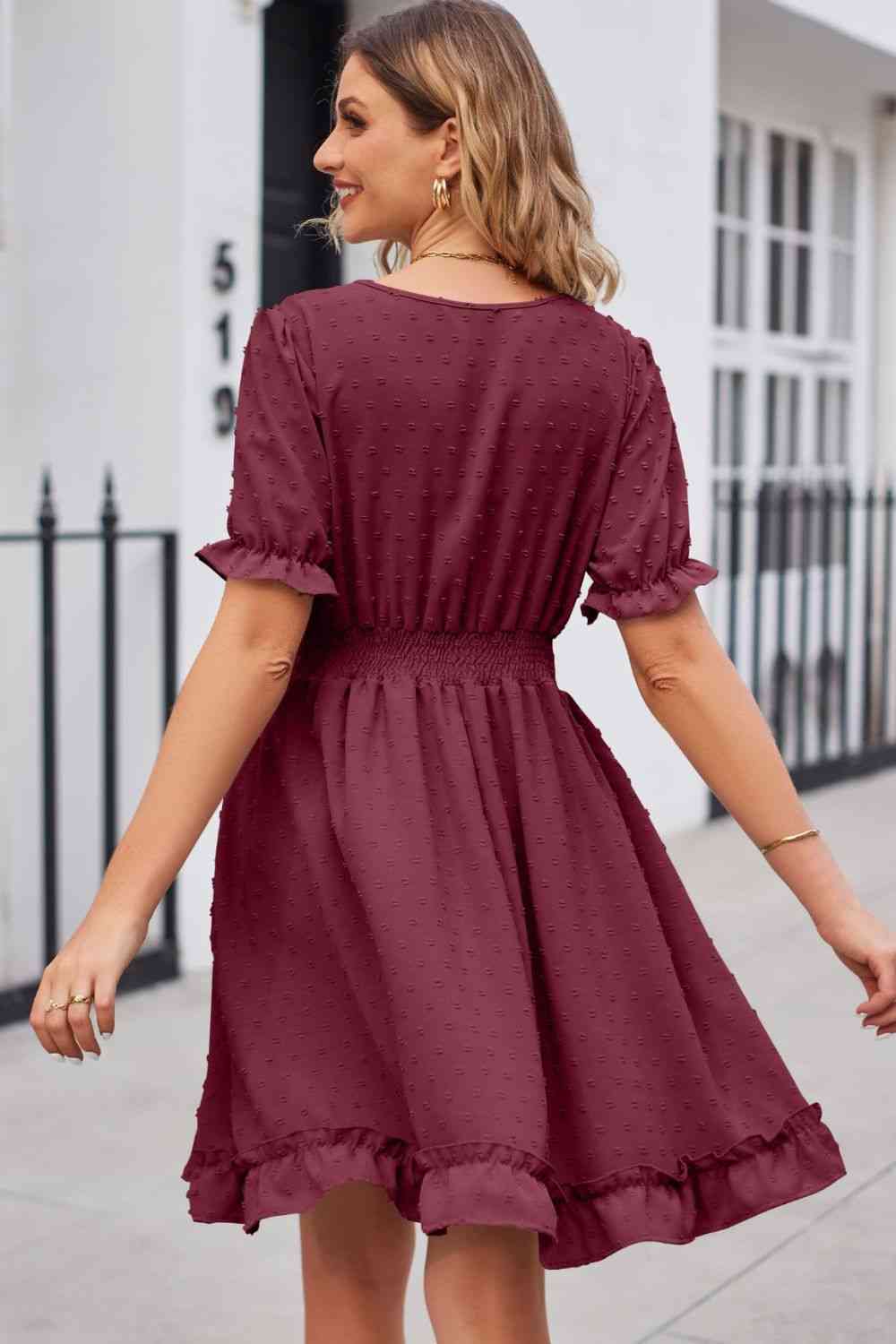 Swiss Dot Frill Trim Flounce Sleeve V-Neck Dress (5 Colors) Krazy Heart Designs Boutique