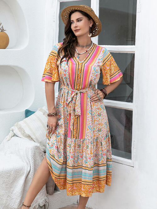 Plus Size Floral Tied Short Sleeve Midi Dress Krazy Heart Designs Boutique