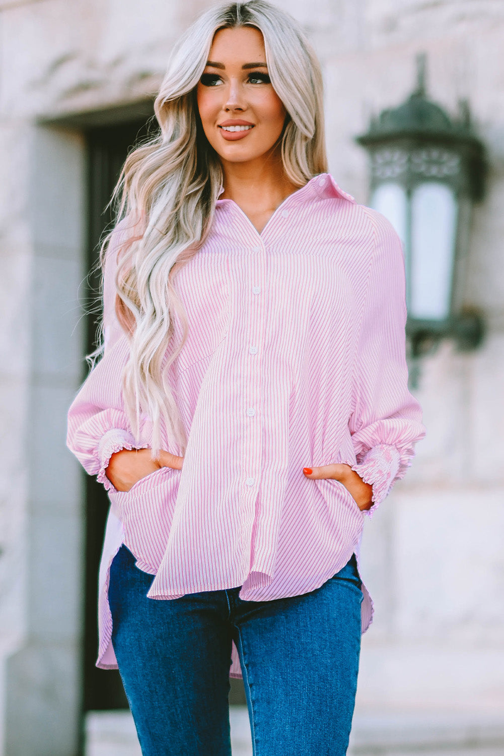 Striped Lantern Sleeve Collared Shirt (3 Colors) Krazy Heart Designs Boutique