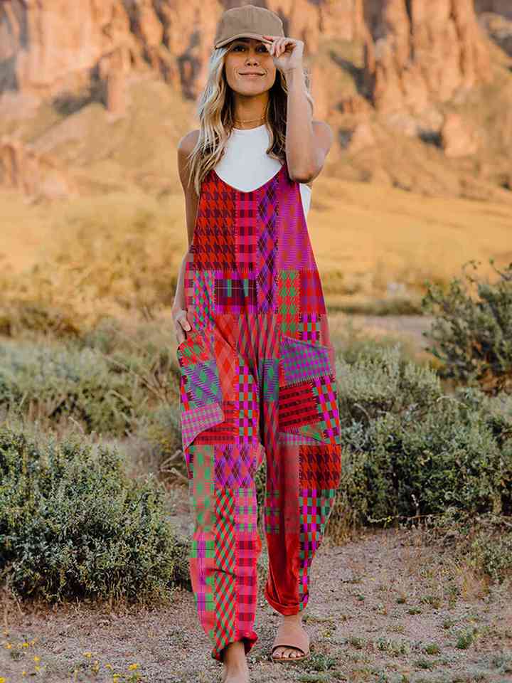 Full Size Printed V-Neck Sleeveless Jumpsuit (4 Colors) Krazy Heart Designs Boutique Strawberry S