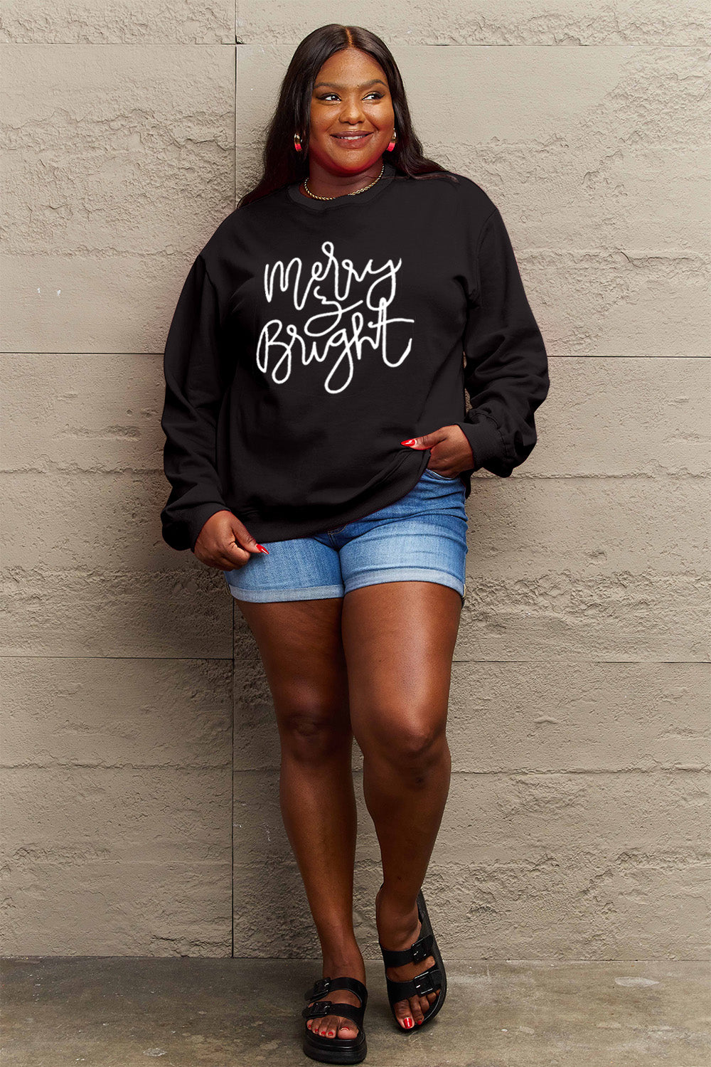 Simply Love Full Size MERRY AND BRIGHT Graphic Sweatshirt (3 Colors) Krazy Heart Designs Boutique