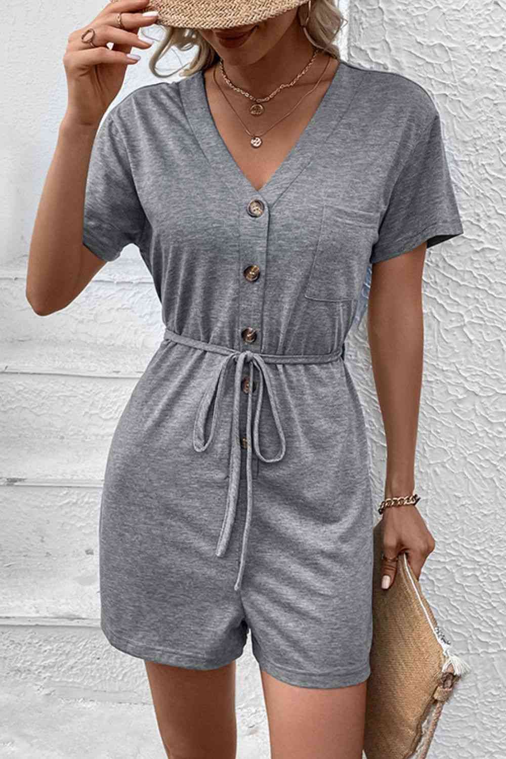 V-Neck Short Sleeve Tied Romper Krazy Heart Designs Boutique