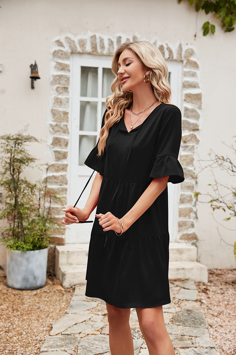 Ruffle Trim Tie Neck Flounce Sleeve Tiered Dress (3 Colors) Krazy Heart Designs Boutique