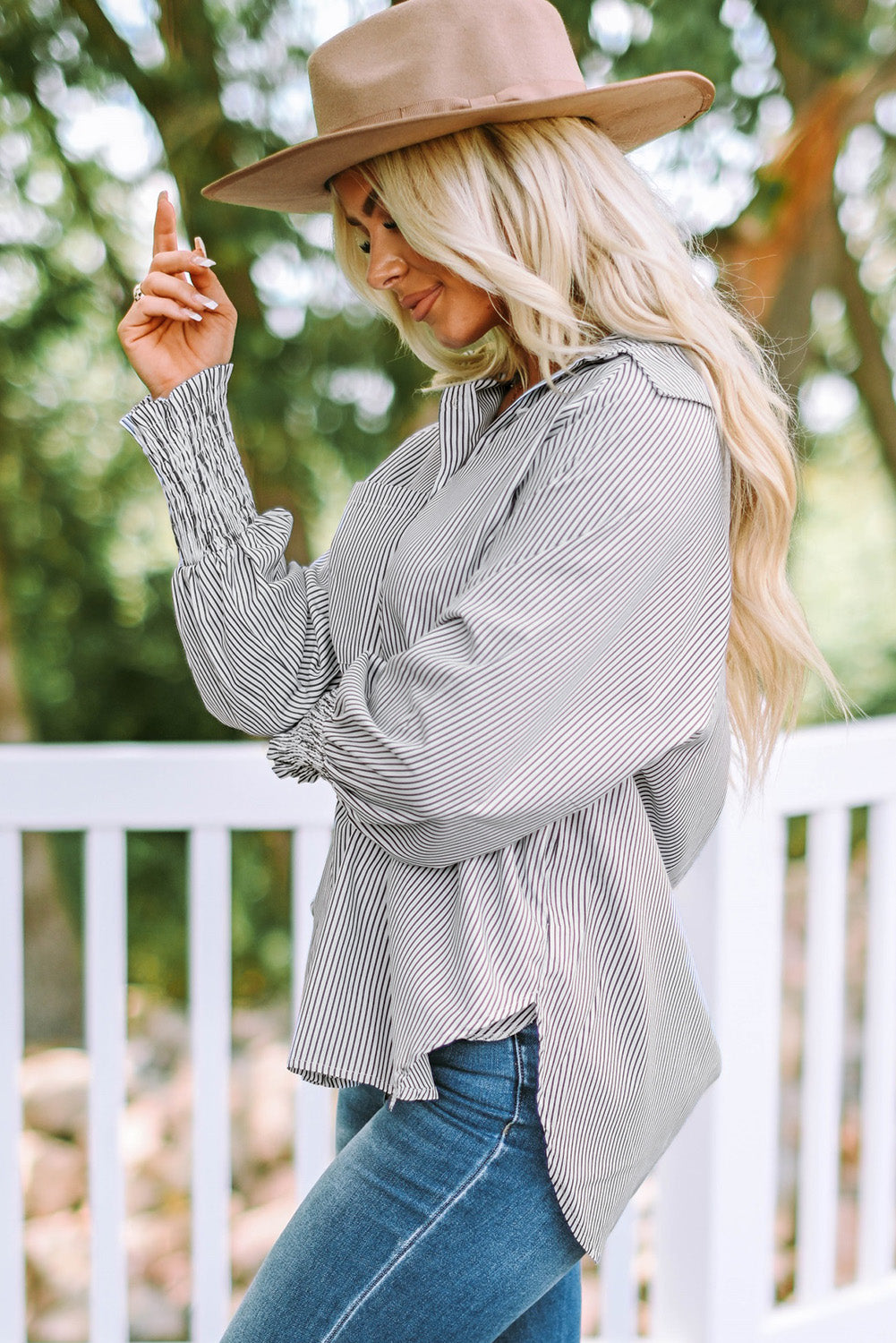 Striped Lantern Sleeve Collared Shirt (3 Colors) Krazy Heart Designs Boutique