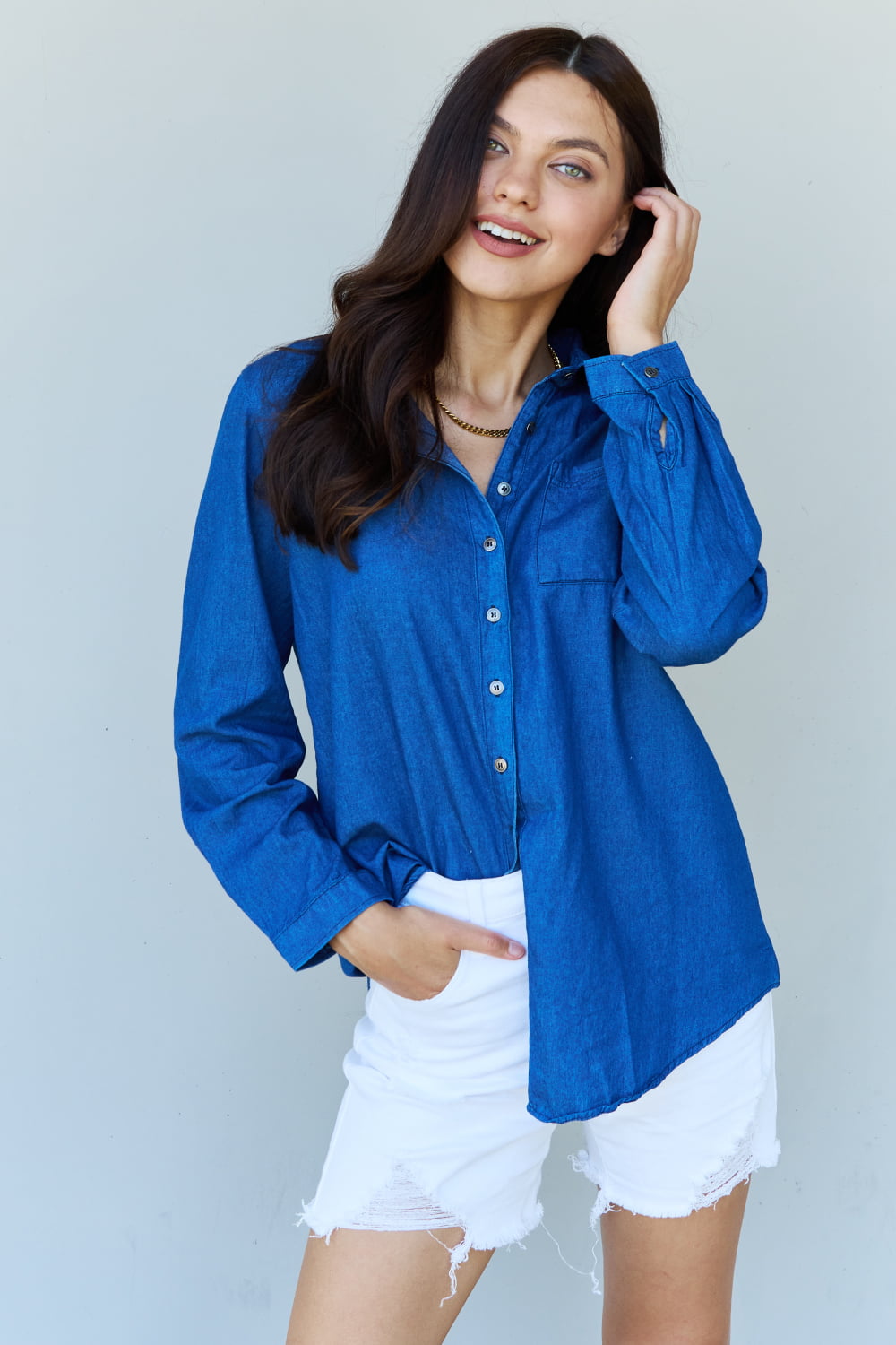 Doublju Blue Jean Baby Denim Button Down Shirt Top in Dark Blue Krazy Heart Designs Boutique Dark Blue S