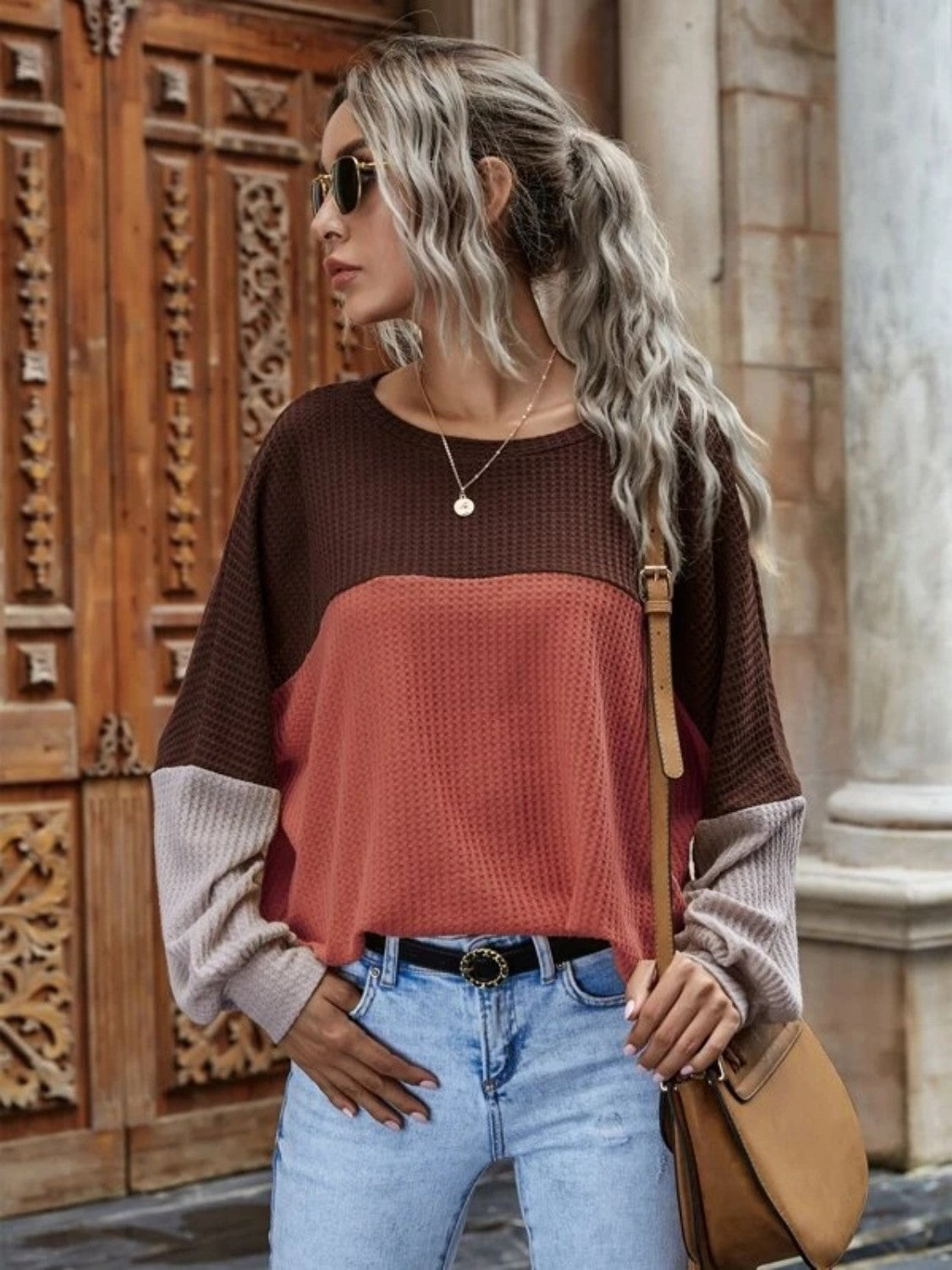 KHD Color Block Waffle-Knit Long Sleeve Top (3 Colors) Krazy Heart Designs Boutique