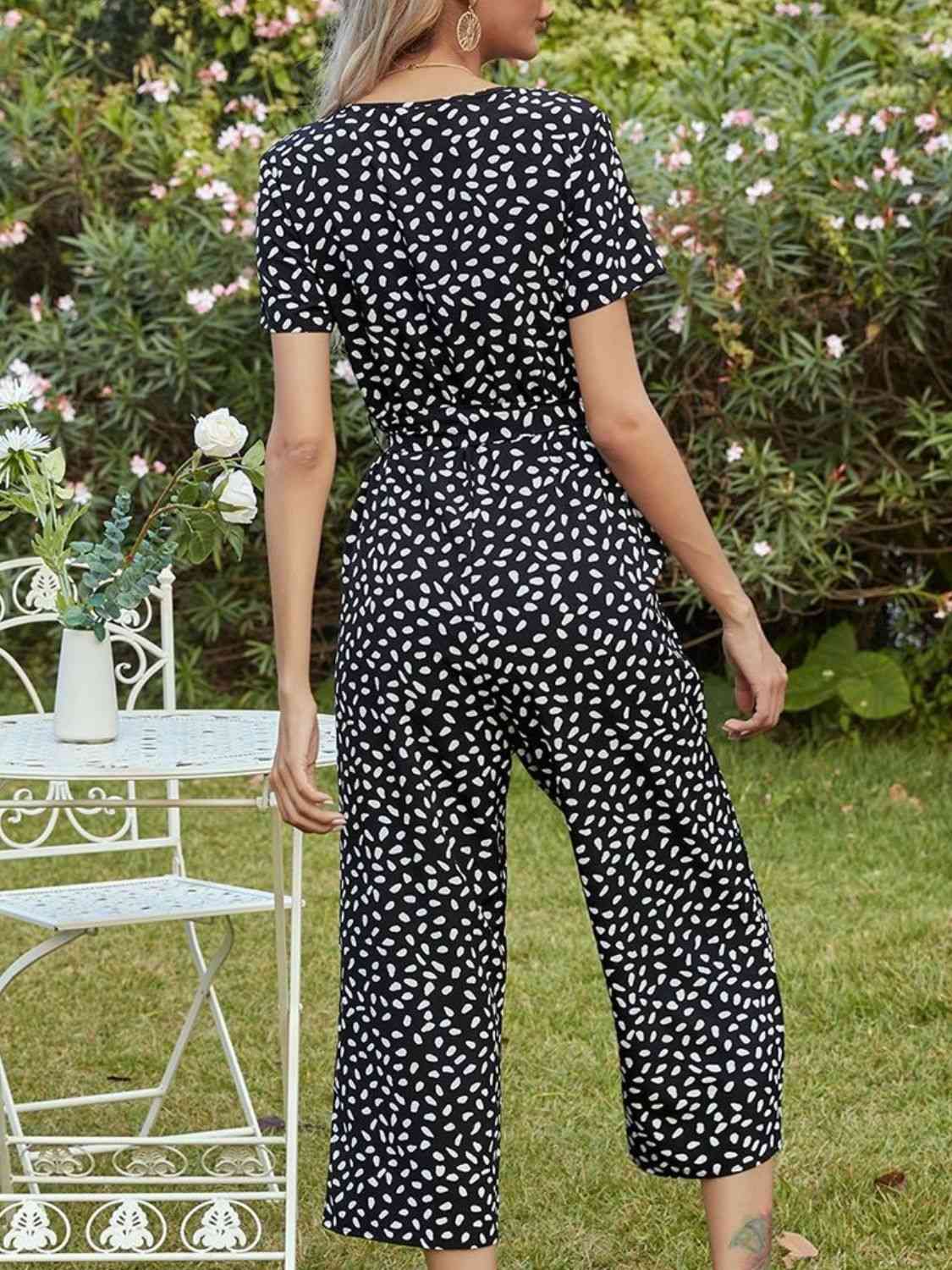 Printed V-Neck Short Sleeve Jumpsuit Outfit Sets Krazy Heart Designs Boutique