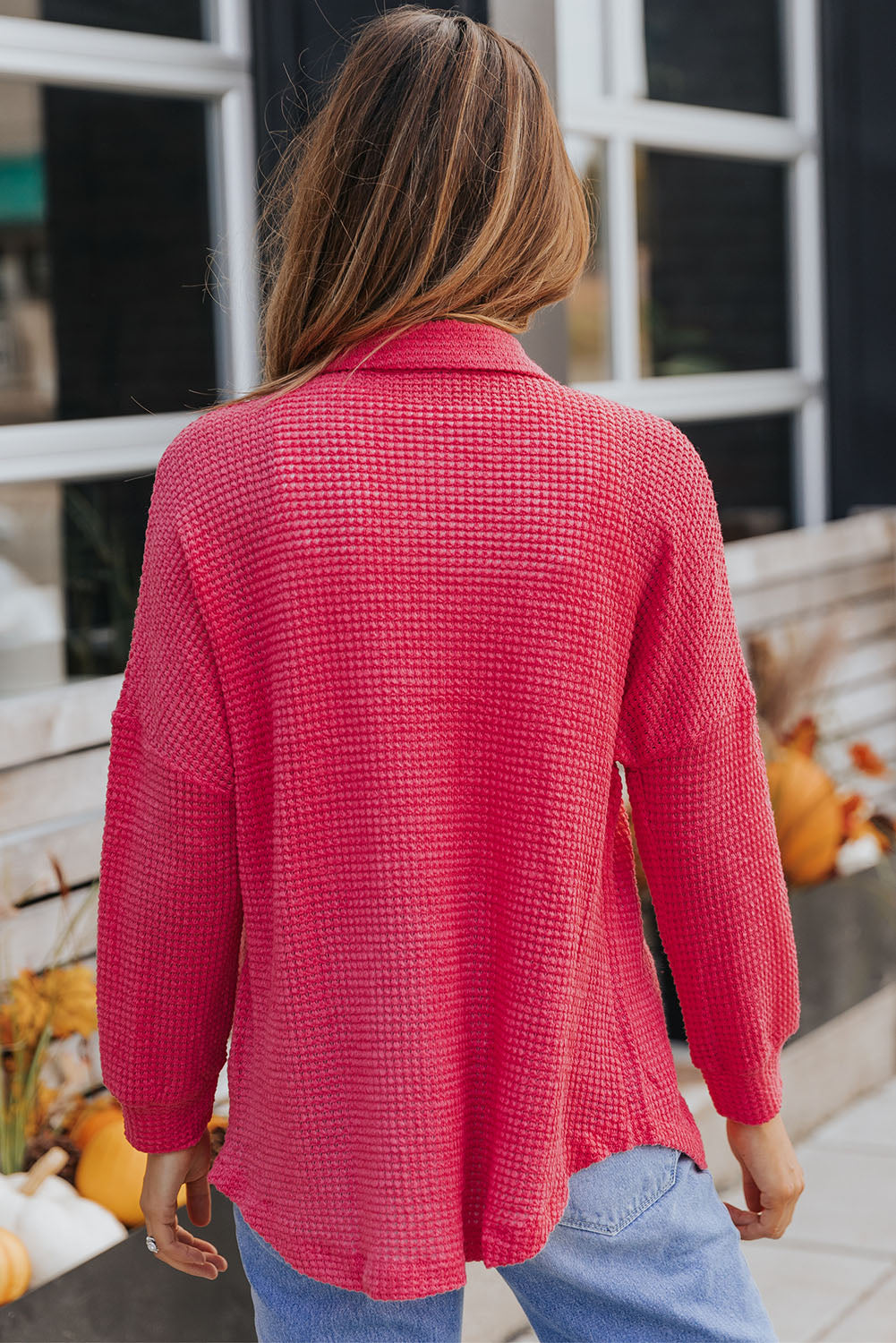 Waffle-Knit Collared Neck Dropped Shoulder Shirt (3 Colors) Krazy Heart Designs Boutique