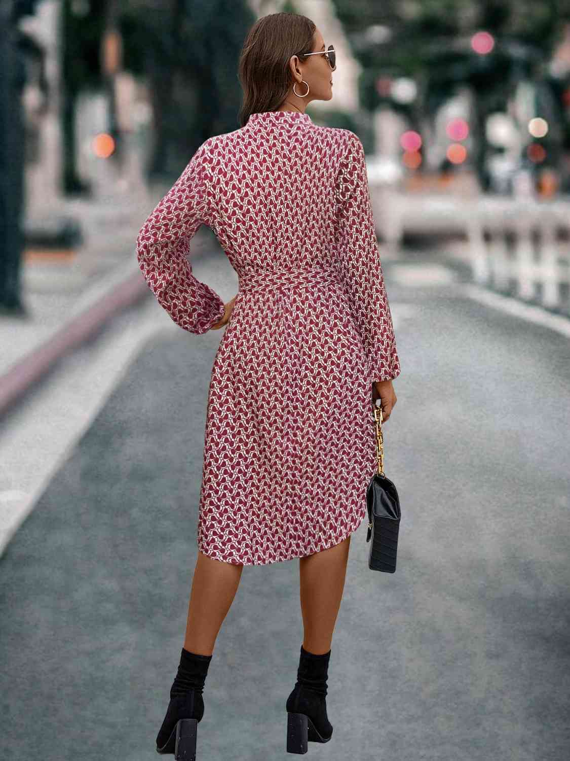 Printed Notched Tie Front Long Sleeve Dress (2 Colors) Dress Krazy Heart Designs Boutique