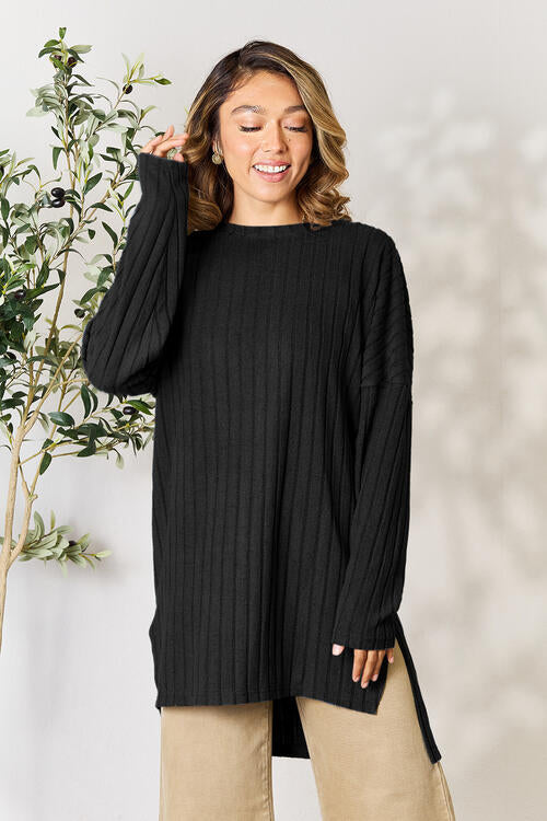 Basic Bae Full Size Ribbed Round Neck Long Sleeve Slit Top (4 Colors) Shirts & Tops Krazy Heart Designs Boutique