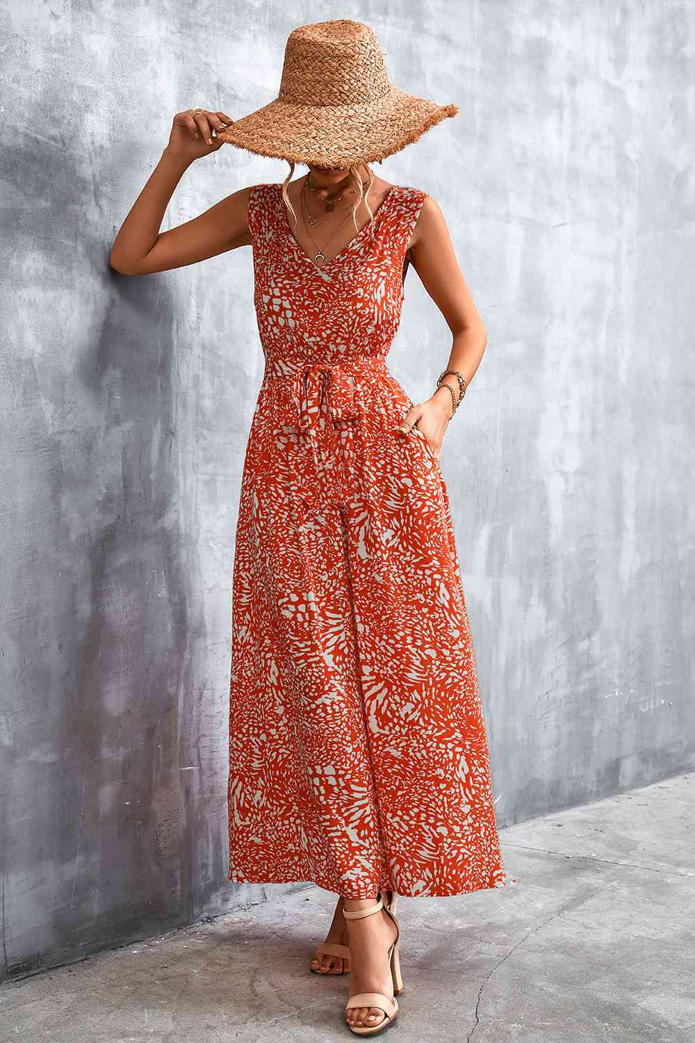 Printed V-Neck Tie Waist Maxi Dress (3 Colors) Krazy Heart Designs Boutique